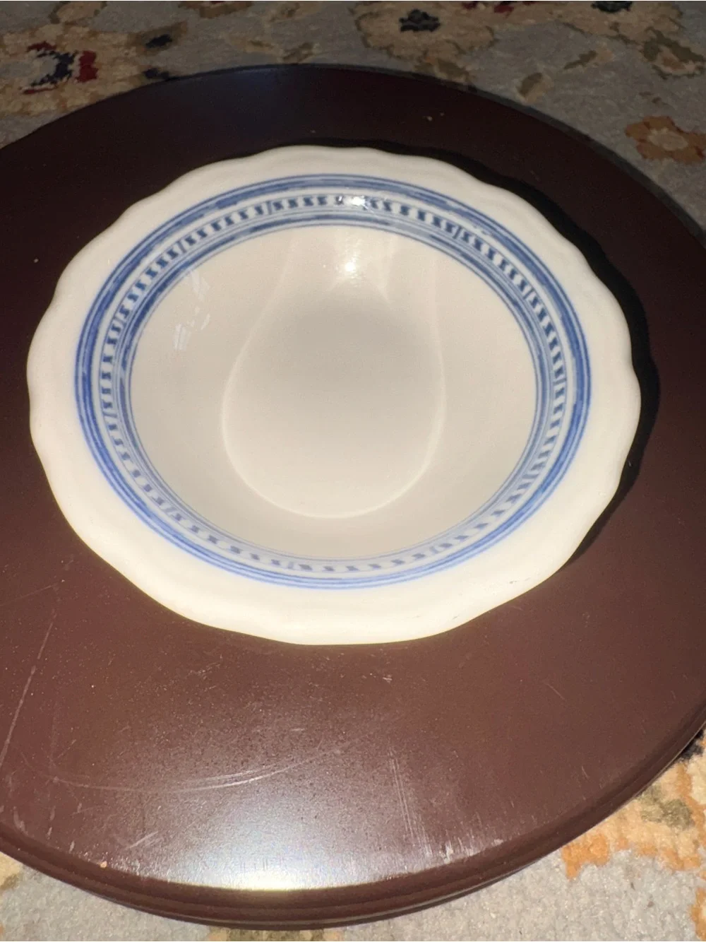 Syracuse China Blue & White Porcelain Condiment Bowl/ 3 Matching Pierced Spoons
